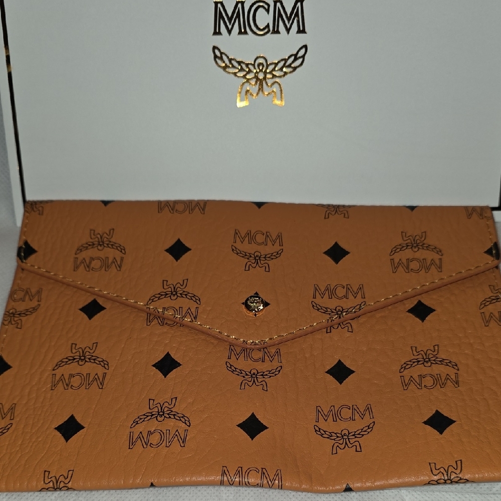 MCM Cognac Envelope Clutch with Black Accents